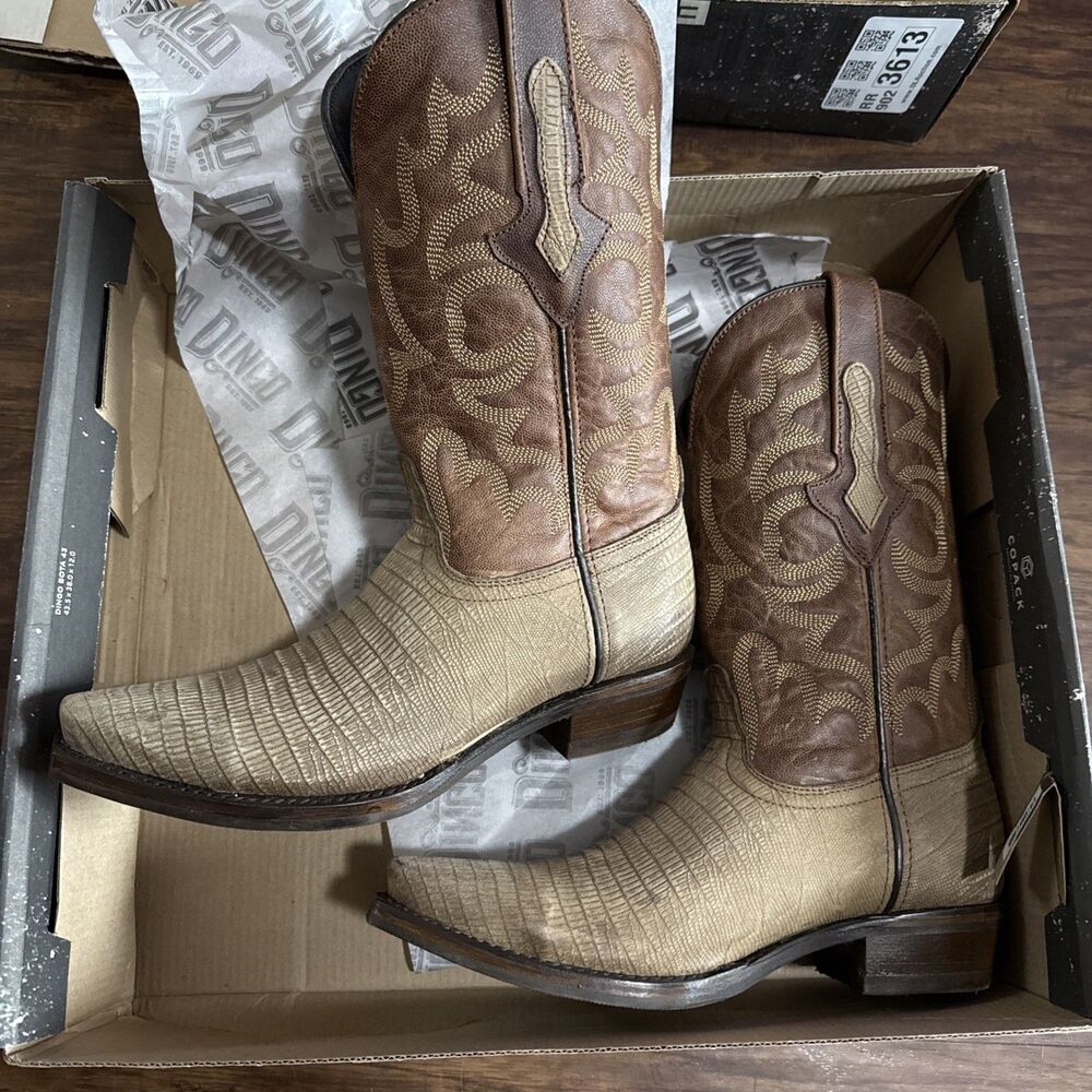 Dingo Men’s Leather Cowboy Western Boots Duke Brown Snip Toe 7D Lizard Print New